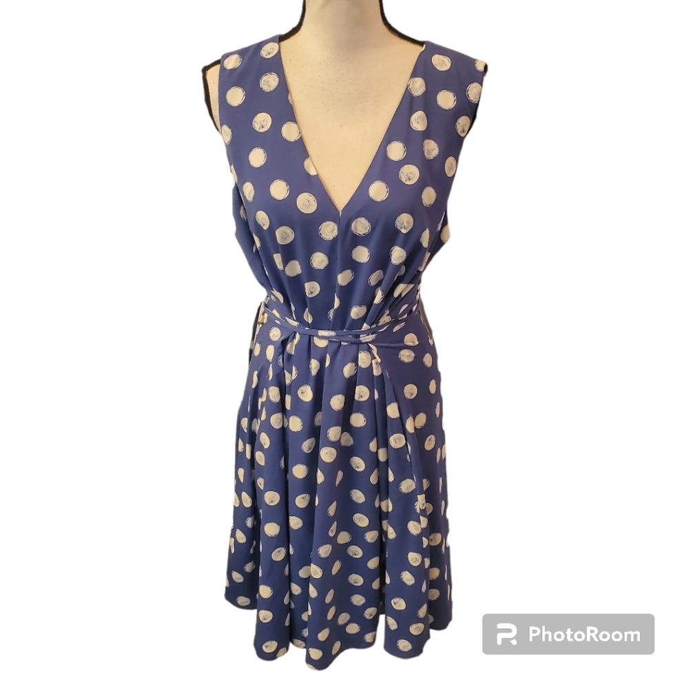 Maggy London Blue Polka Dot V Neck Fit & Flare Long Dress Women's Plus Size 14